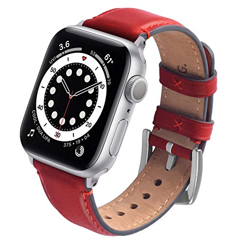 GerbGorb Apple Watch Armband Leder Kompatibel mit Apple Watch Armband 41mm 40mm 38mm Leder Ersatzarmband mit iWatch Serie SE SE2 8 7 6 5 4 3 2 1 Business Damen Herren Rot/Silberne Schnalle von GerbGorb