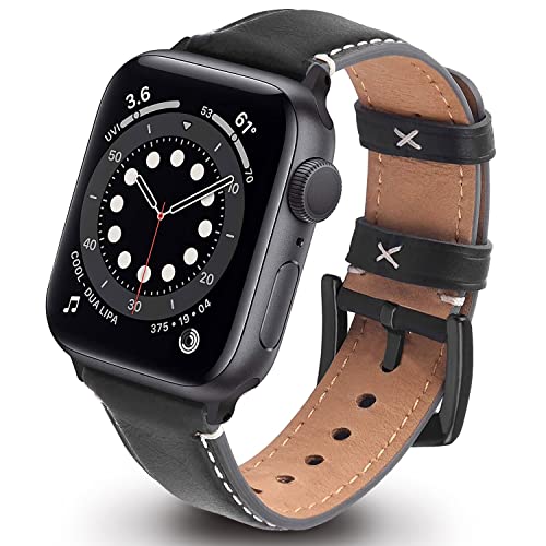 GerbGorb Apple Watch Armband Leder Kompatibel mit Apple Watch Armband 49mm 45mm 44mm 42mm Leder Ersatzarmband mit iWatch Serie Ultra SE SE2 8 7 6 5 4 3 2 1 Damen Herren Schwarz/Schwarze Schnalle von GerbGorb