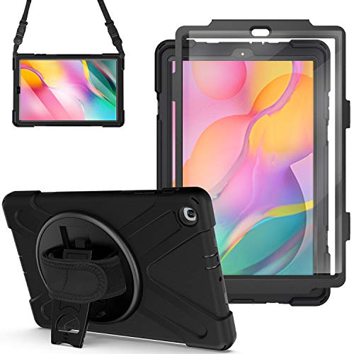 Gerutek Galaxy Tab A 10.1 2019 SM T510/T515 Hülle mit Displayschutzfolie Heavy Duty 360 Full Body Case Drehbar Ständer, Handschlaufe, Schultergurt Schutzhülle für Samsung Tab A 10.1 T510/T515, Schwarz von Gerutek