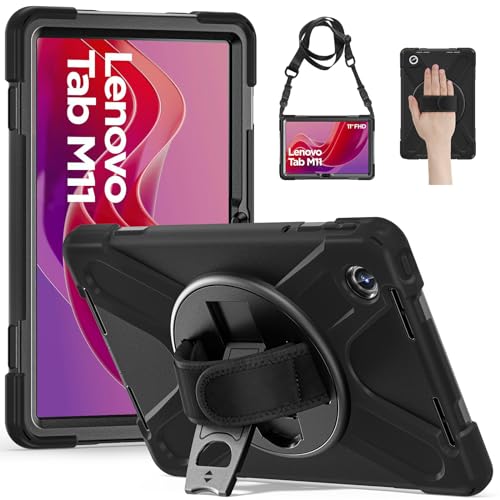 Gerutek Hülle Lenovo Tab M11 2024 11 Zoll, Stoßfeste Robust Panzerhülle mit Drehbar Stände, Handschlaufe, Schultergurt Schutzhülle für Lenovo Tab M11, Schwarz von Gerutek