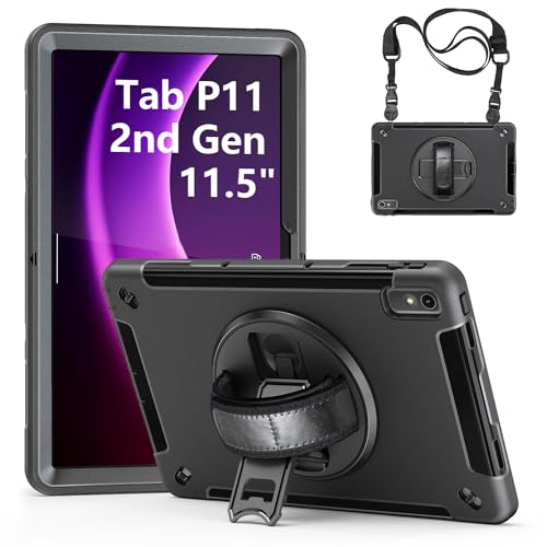 Gerutek Hülle für Lenovo Tab P11 2nd Gen 11,5 Zoll 2023, Stoßfeste Robuste Schutzhülle mit Drehbar Stände Handschlaufe Schultergurt, Panzerhülle für Lenovo Tab P11 Gen 2 (TB-350FU/TB-350XC), Schwarz von Gerutek