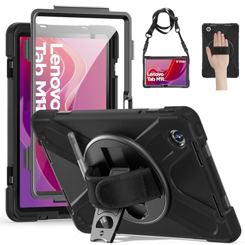 Gerutek Hülle für Lenovo Tab M11 2024 (TB-330FU/TB-331FC), Stoßfeste Robust Schutzhülle mit Displayschutzfolie Drehbar Stände Stifthalter und Schultergur, Panzerhülle für Lenovo Tab M11, Schwarz von Gerutek