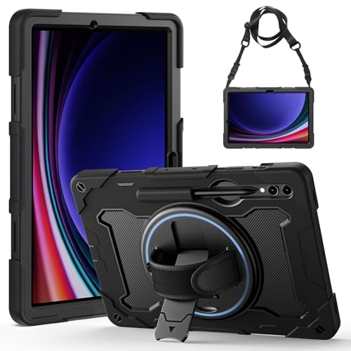 Gerutek Hülle für Samsung Galaxy Tab S10+ Plus/S9 FE+ Plus/S9+ Plus 12,4 Zoll 2024/2023, Robuste Stoßfeste Hülle mit 360° Drehbar Ständer und Hand-/Schulterriemen für Tab S10+ /Tab S9 FE+, Schwarz von Gerutek