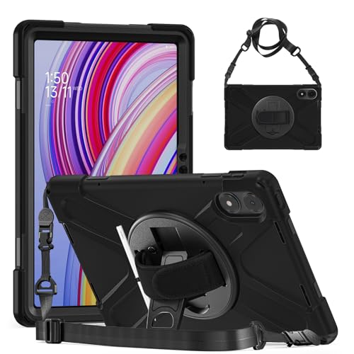 Gerutek Hülle für Xiaomi Redmi Pad Pro/Xiaomi Poco Pad 2024 (12.1 Zoll), Stoßfeste Robust Panzerhülle mit 360° Drehbarer Ständer Stifthalter Schultergurt, Schutzhülle für Redmi Pad Pro 12.1, Schwarz von Gerutek