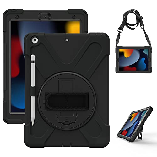 Gerutek Hülle für iPad 10,2 Zoll (iPad 9./8./7. Generation), Stoßfeste Robust Panzerhülle mit Pencil Halter, Drehbar Stände, Handschlaufe Schultergurt Schutzhülle für iPad 10.2 2021/2020/2019, Schwarz von Gerutek
