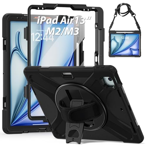 Gerutek Hülle für iPad Air 13 Zoll M3/M2 (2025/2024), iPad Pro 12,9 (6./5./4./3. Gen), Stoßfeste Robust Schutzhülle mit Displayschutzfolie Drehbar Stände Stifthalter Handschlaufe Schultergurt, Schwarz von Gerutek