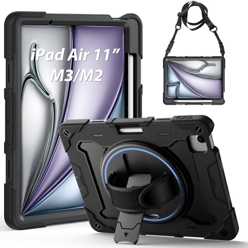 Gerutek Hülle für iPad Air 7./6. Generation 11 Zoll (M3/M2) 2025/2024, Stoßfeste Robust Schutzhülle mit 360° Drehbar Stände Stifthalter Handgurt Schultergur,Panzerhülle für iPad Air 11 Zoll, Schwarz von Gerutek