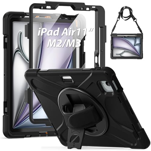 Gerutek Hülle für iPad Air 6. Generation 11 Zoll M2 2024, iPad Air 5./4. Generation 10,9" (2022/2020), Stoßfeste Robust Schutzhülle mit Displayschutz Drehbar Stände Handschlaufe Schultergurt,Schwarz von Gerutek