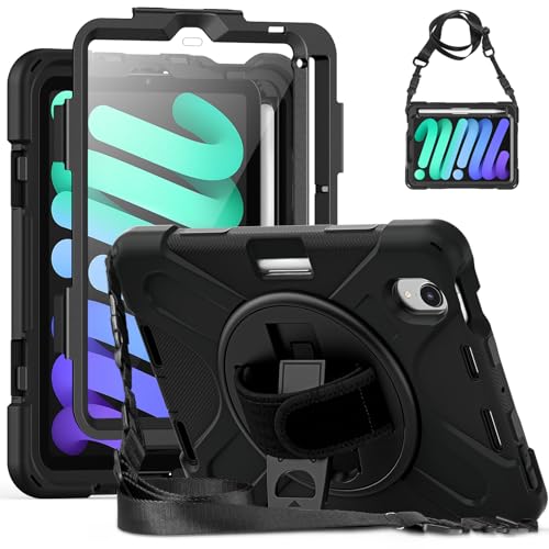 Gerutek Hülle für iPad Mini 7 (A17 Pro) 2024/Mini 6 2021 8,3 Zoll, Stoßfeste Robust Panzerhülle mit Displayschutz, Drehbar Stände Schultergurt, Schutzhülle für iPad Mini 7/Mini 6 Generation,Schwarz von Gerutek