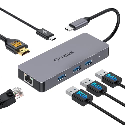 Getatek USB C Ethernet Hub, 6-in-1 USB C Multiport Adapter mit 4K@60HZ HDMI, 2 USB 3.2, 1 USB C 3.2, 100W USB C PD Laden, RJ45, Anzug für MacBook/Dell/Lenovo,iPhone 15, iPhone 15 Pro Max von Getatek