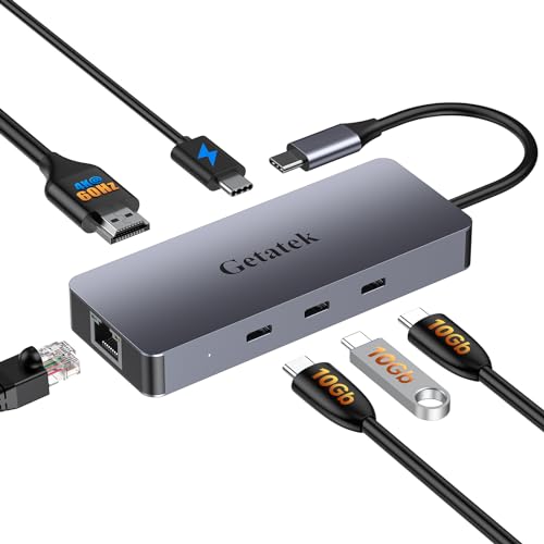 USB-C-Ethernet-Hub, 6-in-1-USB-C-auf-HDMI-Dock mit 4K @ 60HZ HDMI, 3 x 10 Gbit/s USB C, 100 W USB C PD Laden, RJ45, geeignet für MacBook/Dell/Lenovo, iPhone 15, iPhone 15 Pro Max von Getatek