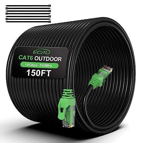 Getue 150FT Outdoor Ethernet Cable, In-Ground, Heavy Duty Direct Burial, 24AWG CCA Patch Cord for Laptops, PCs, Routers, Printers, Surveillance Camera, POE, UTP 6 Internet Cable with 25 Cable Ties von Getue
