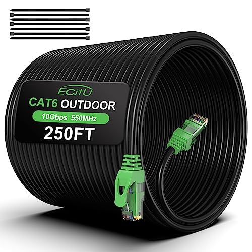 Getue 250FT Outdoor Ethernet Cable, In-Ground, Heavy Duty Direct Burial, 24AWG CCA Patch Cord for Laptops, PCs, Routers, Printers, Surveillance Camera, POE, UTP 6 Internet Cable with 25 Cable Ties von Getue