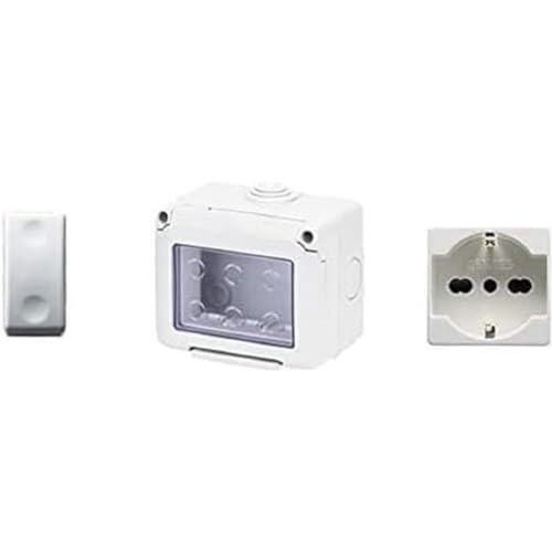 Gewiss Gerätebehälter 27 Kombi geschützt 3-Fach grau RAL 7035 IP55 mit Nr. 1 Schuko-Steckdose weiß, Nr. 1 weißer Schalter von Gewiss