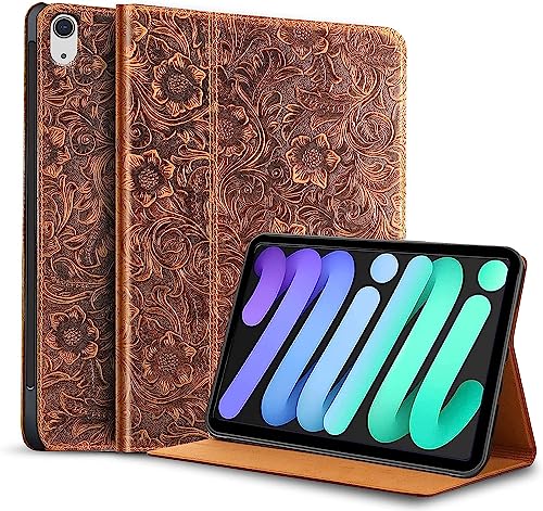 Gexmil Echt Leder Hülle für iPad mini 7 A17 Pro 2024,iPad mini 6. Generation 2021 8,3 Zoll, Smart Cover Stoßfest,Automatischer Schlaf/Aufwachen,rutschfest,Einstellbarer Ständer,Blume Braun von Gexmil