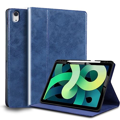 Gexmil Hülle für iPad Air 5./4. Genration 2022/2020 10,9 Zoll Echt Leder Hülle mit Stylus Halter Anti-Fingerabdruck,Automatischer Schlaf/Aufwachen,Einstellbarer Ständer,Öl Wax Blau von Gexmil