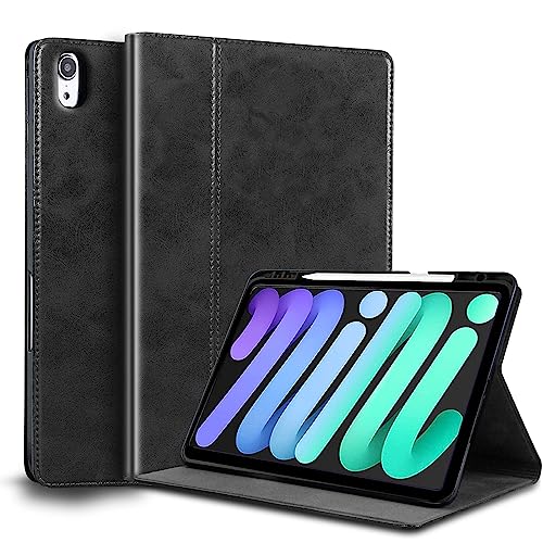 Gexmil Leder Hülle für iPad mini 7 A17 Pro 2024,iPad mini 6. Generation 2021 8,3 Zoll Echt Leder Smart Cover mit Stylus Halter Stoßfest,Automatischer Schlaf/Aufwachen,Einstellbarer Ständer,Schwarz von Gexmil