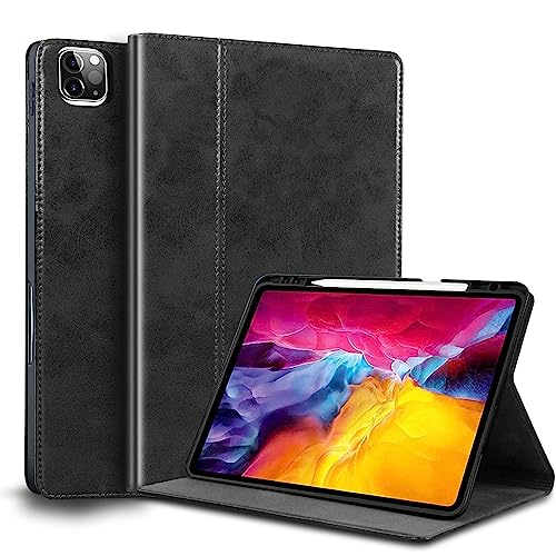 Gexmil Leder Hülle für iPad Pro 11 Zoll 4./3./2./1. Generation 2022/2021/2020/2018 Echt Leder Cover mit Stylus Halter Stoßfest,Automatischer Schlaf/Aufwachen,Einstellbarer Ständer rutschfest,Schwarz von Gexmil