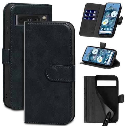 Gexmil Leder Hülle für Google Pixel 8 6.2 Inch,Echtes Leder/Standfunktion/Stoßfeste/Kartenfach/Klappbar,Flip Wallet Handyhülle Cover,Öl Wachs Schwarz von Gexmil