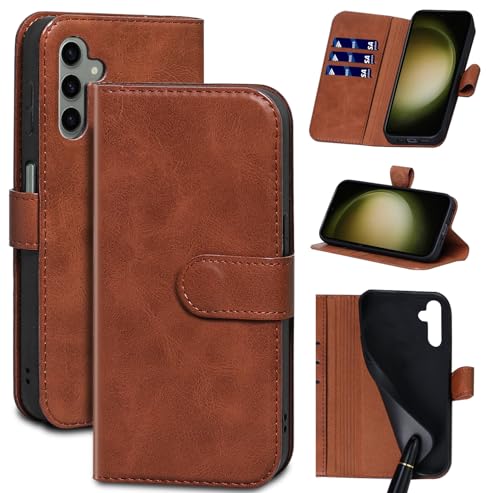 Gexmil Leder Hülle für Samsung Galaxy A14 6.6 Inch,Echtes Leder/Standfunktion/Stoßfeste/Kartenfach/Klappbar,Flip Wallet Handyhülle Cover,Öl Wachs Braun von Gexmil