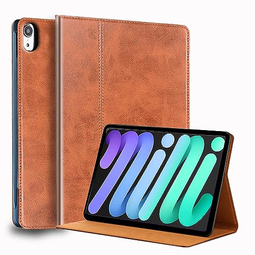 Gexmil Leder Hülle für iPad mini 7 A17 Pro 2024,iPad mini 6. Generation 2021 8,3 Zoll Echt Leder Smart Cover Stoßfest,Automatischer Schlaf/Aufwachen,Einstellbarer Ständer,rutschfest,Braun von Gexmil