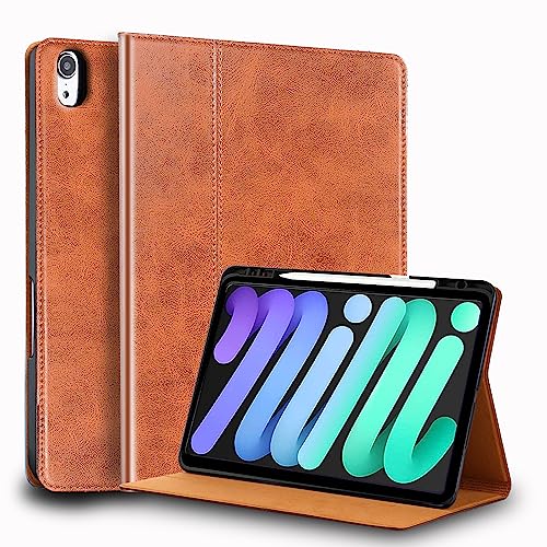 Gexmil Leder Hülle für iPad mini 7 A17 Pro 2024,iPad mini 6. Generation 2021 8,3 Zoll Echt Leder Smart Cover mit Stylus Halter Stoßfest,Automatischer Schlaf/Aufwachen,Einstellbarer Ständer,Braun von Gexmil