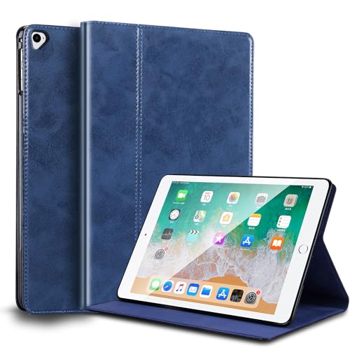 Gexmil Leder Hülle für iPad Pro 2./1. Genration 2017/2015 12,9 Zoll Echt Leder Hülle Anti-Fingerabdruck,Automatischer Schlaf/Aufwachen,Einstellbarer Ständer,Öl Wax Blau von Gexmil