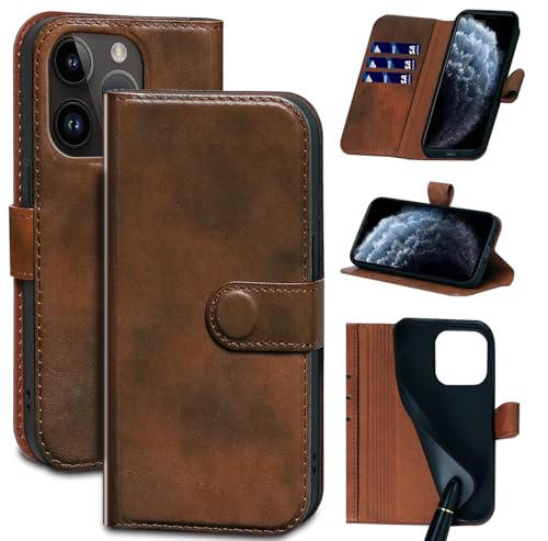 Gexmil Leder Hülle für iPhone 15 Pro Max 6.7 Inch,Echtes Leder/Standfunktion/Stoßfeste/Kartenfach/Klappbar,Flip Wallet Handyhülle Cover,Gelbbraun von Gexmil