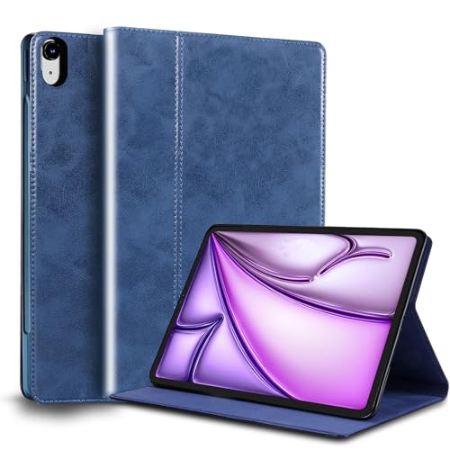 Gexmil Lerder Hülle für iPad Air 13 Zoll M3 2025/ M2 2024 mit Einstellbarer Ständer,Protective Stoßfest Echt Leder Smart Folio Cover Automatischer Schlaf/Aufwachen rutschfest,Blau von Gexmil