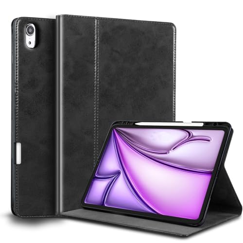 Gexmil Lerder Hülle für iPad Air 13 Zoll M3 2025/ M2 2024 mit Stifhalter,Echt Leder Smart Folio Cover Automatischer Schlaf/Aufwachen,Einstellbarer Ständer,Stoßfest,rutschfest,Schwarz von Gexmil