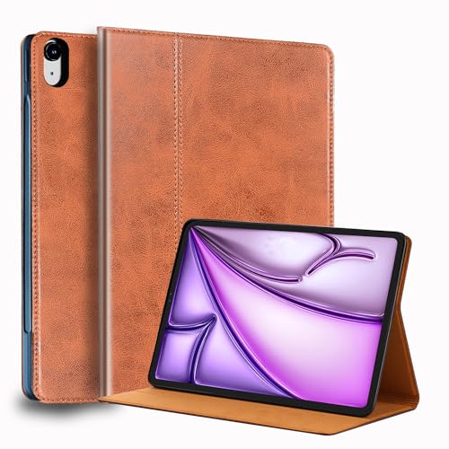 Gexmil Lerder Hülle für iPad Air 13 Zoll M3 2025/ M2 2024 mit Einstellbarer Ständer,Protective Stoßfest Echt Leder Smart Folio Cover Automatischer Schlaf/Aufwachen rutschfest,Braun von Gexmil