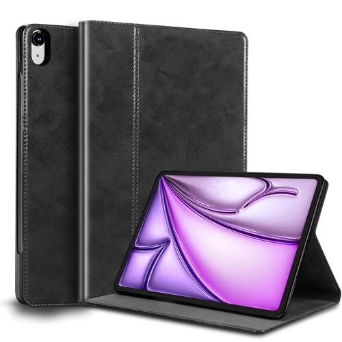 Gexmil Lerder Hülle für iPad Air 13 Zoll M3 2025/ M2 2024 mit Einstellbarer Ständer,Protective Stoßfest Echt Leder Smart Folio Cover Automatischer Schlaf/Aufwachen rutschfest,Schwarz von Gexmil