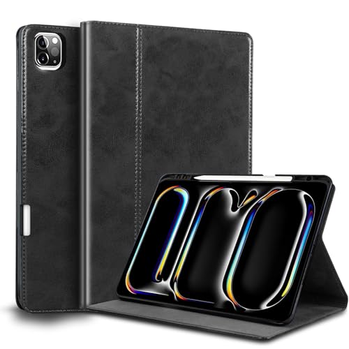 Gexmil Lerder Hülle für iPad Pro 11 2024 Zoll M4 2024 mit Stylus Halter,Protective Stoßfest Echt Leder Smart Folio Cover Einstellbarer Ständer Automatischer Schlaf/Aufwachen rutschfest, Schwarz von Gexmil