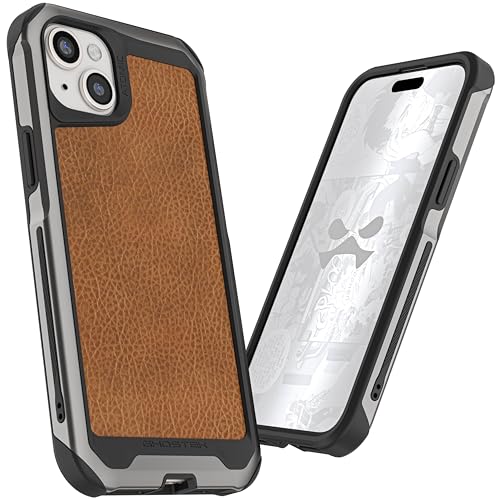 Ghostek Atomic Slim Case für iPhone 15 Plus, kompatibel mit MagSafe Zubehör, Aluminiumrahmen, stoßdämpfende Handyhülle (6,7 Zoll, Gunmetal mit braunem Leder) von Ghostek