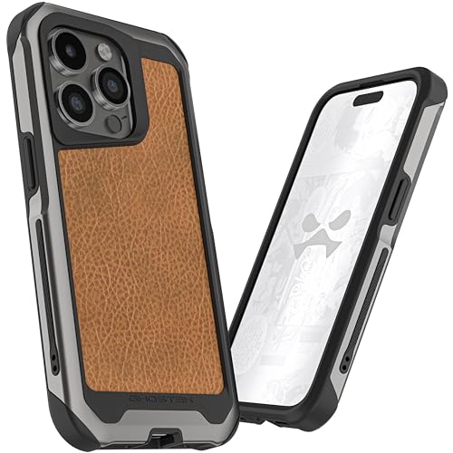 Ghostek Atomic Slim Case für iPhone 15 Pro, kompatibel mit MagSafe Zubehör, Aluminiumrahmen, stoßdämpfende Handyhülle (6,1 Zoll, Gunmetal mit braunem Leder) von Ghostek