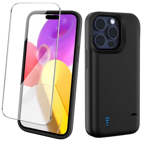 Giabuao Akkuhülle für iPhone 15 Pro (8500mAh), Schlanke Wiederaufladbare Erweiterte Ladehülle Powerbank mit Standfuß, Tragbare Schutzhülle mit Akku für iPhone 15 Pro,(6,1 Zoll) – Schwarz von Giabuao