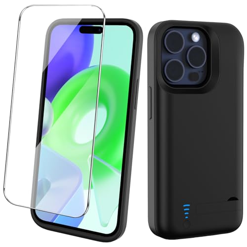 Giabuao Akkuhülle für iPhone 15 Pro Max, Echte 8500 mAh Powerbank mit Standfuß, Schlanke Wiederaufladbare Erweiterte Ladehülle, Tragbare Schutzhülle mit Akku für iPhone 15 Pro Max (6,7 Zoll)– Schwarz von Giabuao