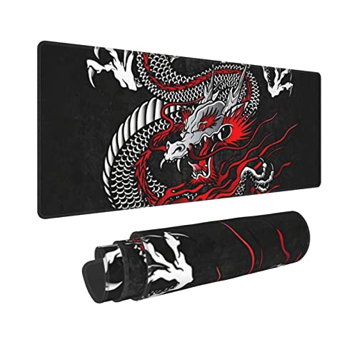 Japanese Dragon Black Red Mouse Pad XL Extended Desk Mat, Non Slip Rubber Base Stitched Edge Gaming PC Desktop Large Mice Pad,31.5 x 11.8 Inch von Gianlaima