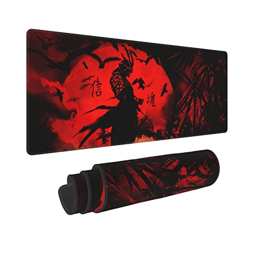 Japanischer Samurai Cool Anime Red Sun Black Bat Halloween Mauspad XL erweiterte Schreibtischmatte, rutschfeste Gummiunterseite, genähte Kanten, Gaming-PC, Desktop, großes Mäusepad, 80 x 30 cm von Gianlaima
