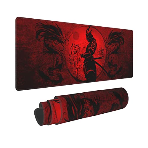 Japanisches Samurai Cool Anime Red and Black Dragon Mouse Pad XL Verlängerte Schreibtischmatte, rutschfeste Gummiunterseite, genähte Kanten, Gaming-PC, Desktop, großes Mauspad, 80 x 20 cm von Gianlaima