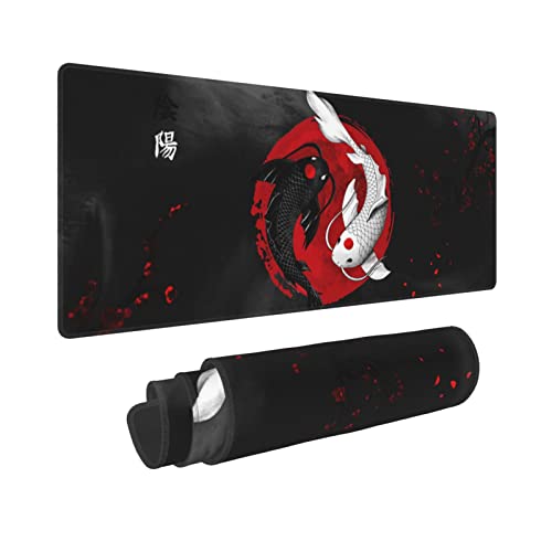 Japanisches Yin und Yang Koi Karpfen Fisch Schwarz Rot Mauspad XL Verlängerte Schreibtischmatte, rutschfeste Gummiunterseite, genähte Kanten, Gaming-PC, Desktop, großes Mauspad, 80 x 20 cm von Gianlaima