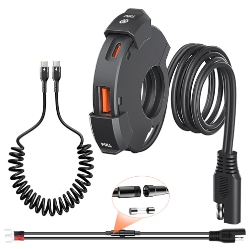 Giantdeer 48W Wasserdichtes Motorrad USB C Steckdose, Motorrad Telefon Ladegerät, QC3.0 USB-A und USB C 12V Motorrad Steckdose，+ 5A Typ C Ladekabel（1M）für DC 12V/24V Motorrad/Boot/Beachbikes von Giantdeer