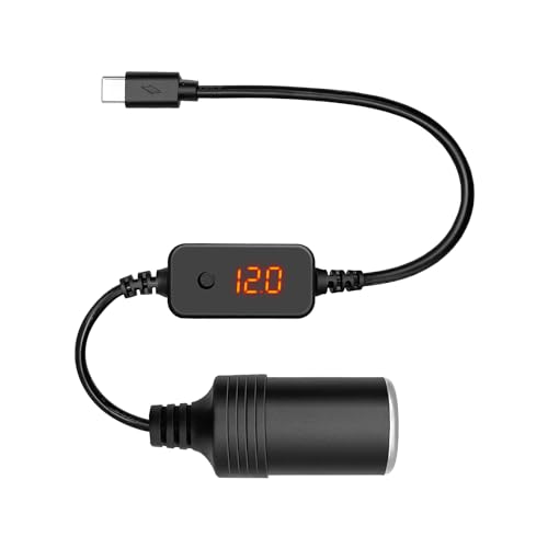 Giantdeer USB Type C auf Zigarettenanzünder Buchse mit LED Anzeige, USB C auf Auto Zigarettenanzünde Kabel mit Schalter Taste, um die Spannung 5V/9V/12V für Auto GPS, Auto Recorder (30CM) von Giantdeer