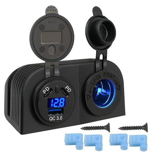 Zelt Typ 2PD+QC3.0 Auto-Ladebuchse, LED-Spannungsanzeige Steckdose Ladegerät Panel mit Schlüsselschalter, 3 in 1 USB-Buchse für 12-24V Auto, Boot, Buggy, Strand Auto von Giantdeer