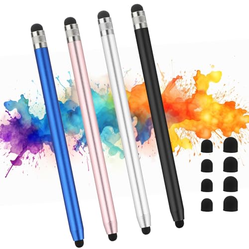 Giantree 4 Stück Tablet Stift, 2 in 1 Gummi Stylus mit 8 Ersatzkopf Handy Stift Touch Pen Touchscreen Stift für alle Tablets/Phone Hohe Empfindlichkeit （Schwarz+Silber+Roségold+Blau） von Giantree