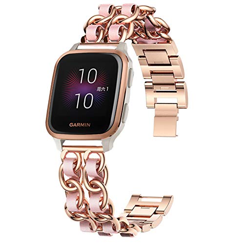 Giaogor Damen Kettenbänder Kompatibel mit Garmin Venu Sq, Edelstahlband Lederschlaufe Ersatzarmband für Garmin Venu Sq smartwatch (Roségold-Rosa) von Giaogor