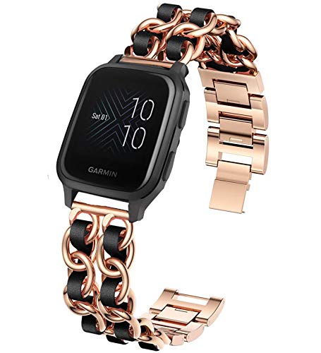 Giaogor Damen Kettenbänder Kompatibel mit Garmin Venu Sq, Edelstahlband Lederschlaufe Ersatzarmband für Garmin Venu Sq smartwatch (Roségold-schwarz) von Giaogor