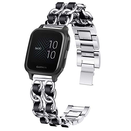 Giaogor Damen Kettenbänder Kompatibel mit Garmin Venu Sq, Edelstahlband Lederschlaufe Ersatzarmband für Garmin Venu Sq smartwatch (Silber-schwarz) von Giaogor