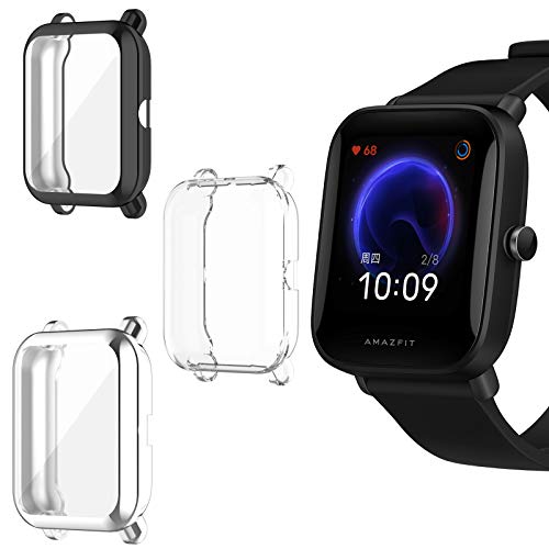 Giaogor Schutzhülle Kompatibel mit Amazfit Bip U, Flexibles TPU Vollschutz mit Displayschutzfolie Kratzfest Displayschutz Schutz Hülle Für Amazfit Bip U Smartwatch (schwarz+Silber+Transparent) von Giaogor