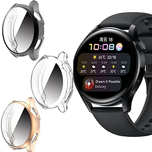 Giaogor Schutzhülle Kompatibel mit Huawei watch 3, Flexibles TPU Vollschutz mit Displayschutzfolie Kratzfest Displayschutz Schutz Hülle Für Huawei watch 3 Smartwatch (schwarz+Transparent+Roségold) von Giaogor